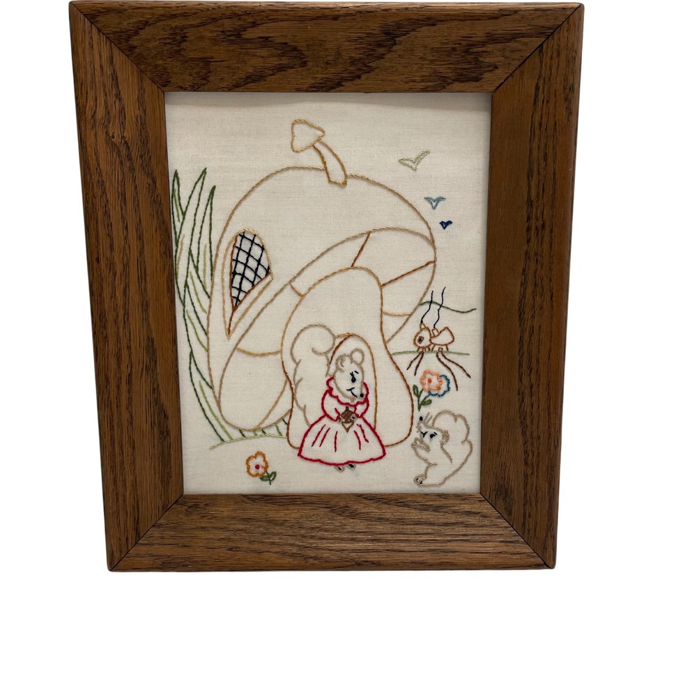 Vintage Hand‎ Embroidered Mouse Mushroom Woodland Folk Art Oak Framed Wall Decor